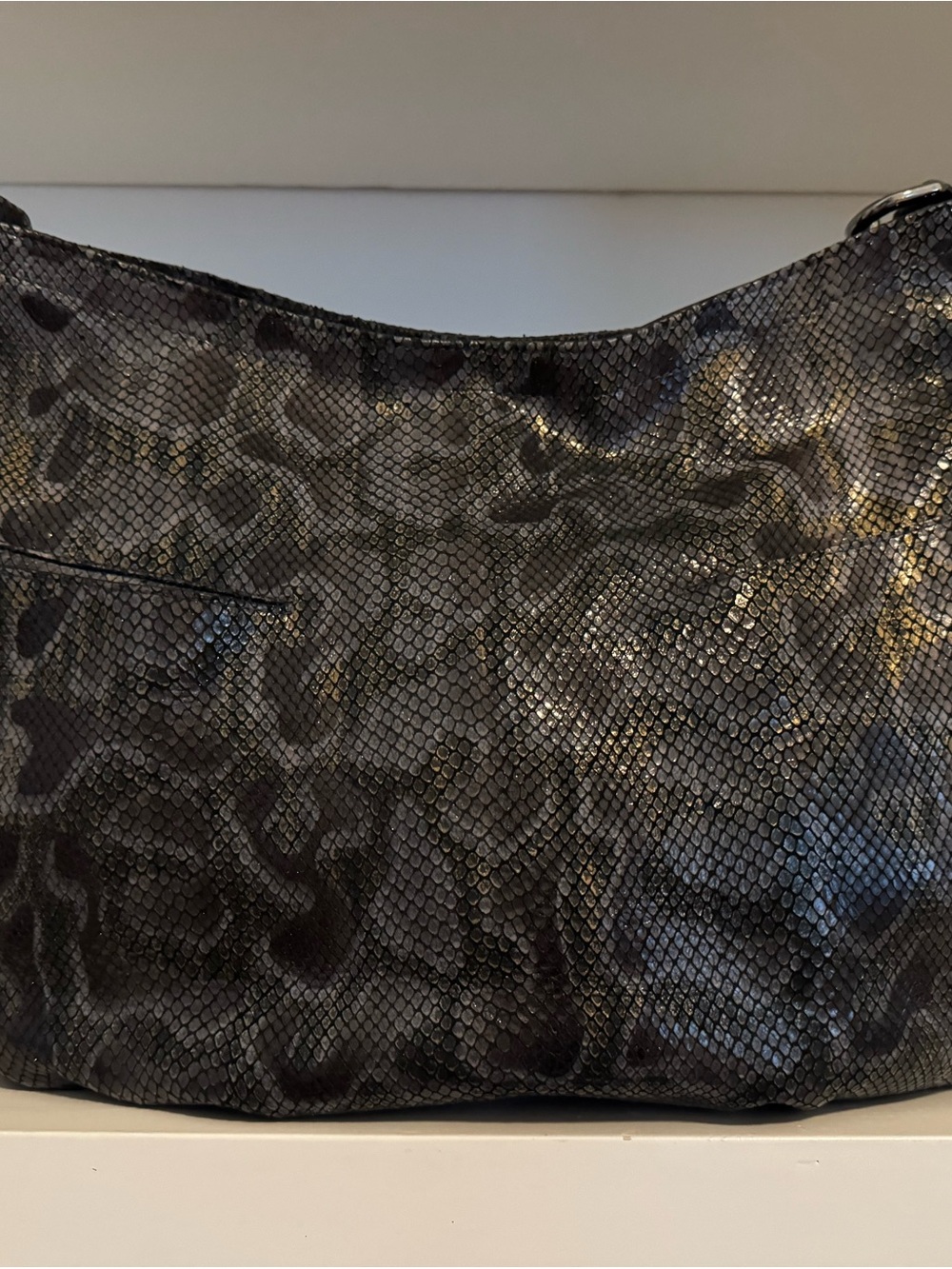 Stuart Weitzman Black & Gray Snakeskin Embossed Leather Studded Hobo Bag